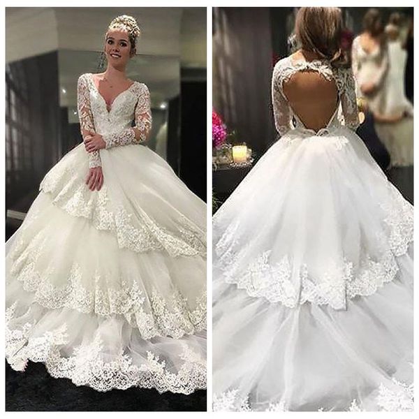 v-neck long sleeve wedding gown lace appliques tiered skirt princess wedding dresses open back ball gown wedding dresses court train, White
v-neck long sleeve wedding gown lace appliques tiered skirt princess wedding dresses open back ball gown wedding dresses court train, White