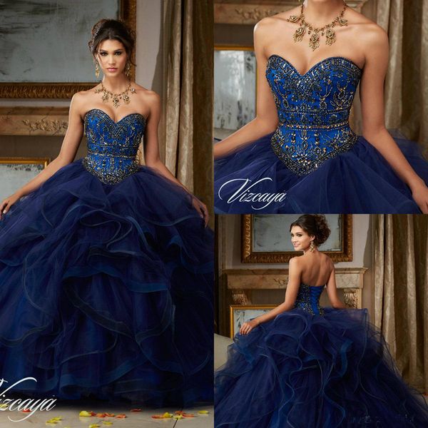 

dark navy beaded prom dresses sleeveless sweetheart quinceanera dress sweet 16 masquerad ball gowns corset party evening gown, Blue;red