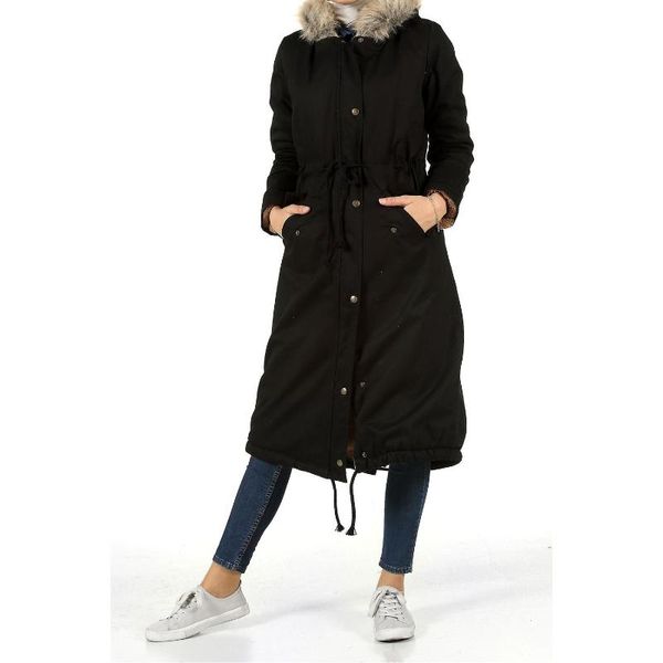 lined hooded coat, Black
