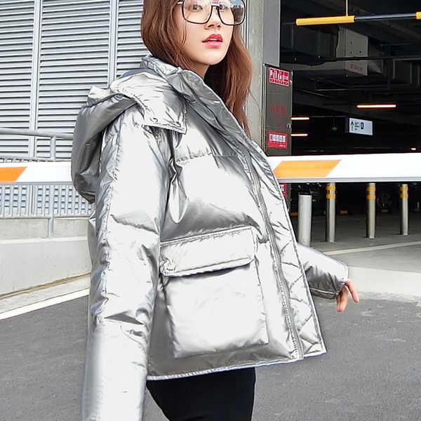 2019 winter thick warm white duck down women solid silver hooded short duck down coats loose plus size w1907, Black
2019 winter thick warm white duck down women solid silver hooded short duck down coats loose plus size w1907, Black
