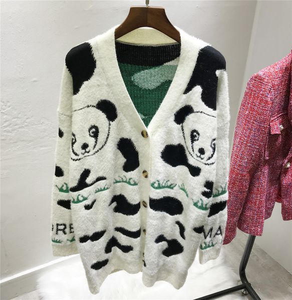 women cute panda wool oversized cardigan sweaters 2019 autumn winter brand same style v neck faux fur knitting loose coats outerwear, White;black
women cute panda wool oversized cardigan sweaters 2019 autumn winter brand same style v neck faux fur knitting loose coats outerwear, White;black