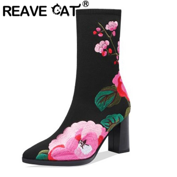 reave cat lady mid calf boots strechy pointed toe 7cm hoof heels embroidered flower slip on big size 34-41 elegant a2904, Black
reave cat lady mid calf boots strechy pointed toe 7cm hoof heels embroidered flower slip on big size 34-41 elegant a2904, Black
