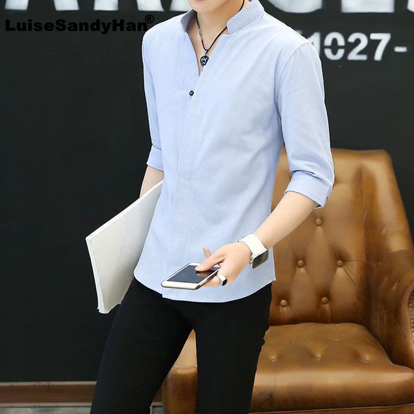 men's casual shirts stand collar solid color mid-sleeved shirt slim 3/4 sleeve single-breasted simple fashion blouse man spring summer, White;black
men's casual shirts stand collar solid color mid-sleeved shirt slim 3/4 sleeve single-breasted simple fashion blouse man spring summer, White;black