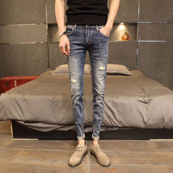 2019 male spring male pencil pants slim men's jeans korean version of the trend of the hole feet pants british men's trousers, Blue
2019 male spring male pencil pants slim men's jeans korean version of the trend of the hole feet pants british men's trousers, Blue