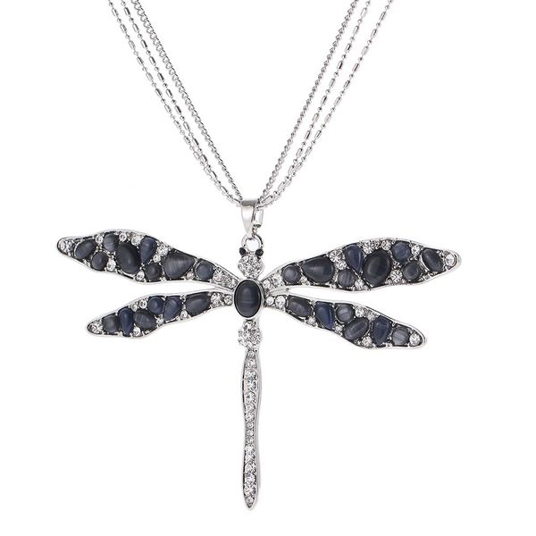 черный кот камень кристалл dragonfly ожерелье серебро длинные цепи свитера collier pendentif элегантные ювелирные изделия 2019 лучший подаро, Silver