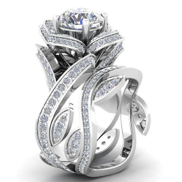 silver flower leaf round clear wedding bridal ring, Golden;silver