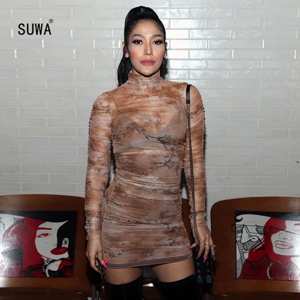 autumn style printed short dress turtleneck long sleeve ruched sheath dress see through mesh robes, Black;gray
autumn style printed short dress turtleneck long sleeve ruched sheath dress see through mesh robes, Black;gray