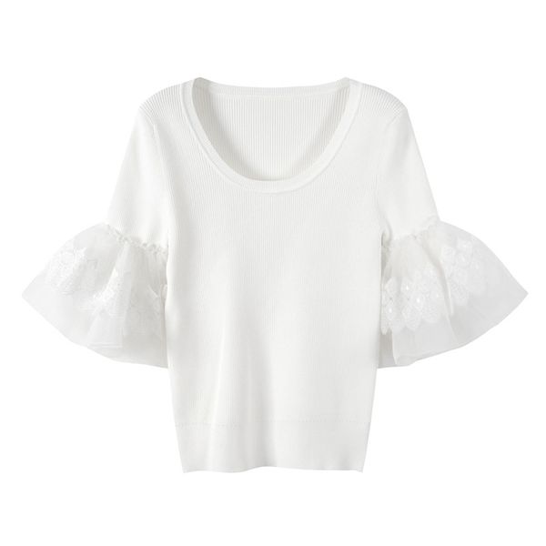 2019 summer new fashion women t shirt short flare sleeve thin knitted shirt female solid color haute couture, White
2019 summer new fashion women t shirt short flare sleeve thin knitted shirt female solid color haute couture, White