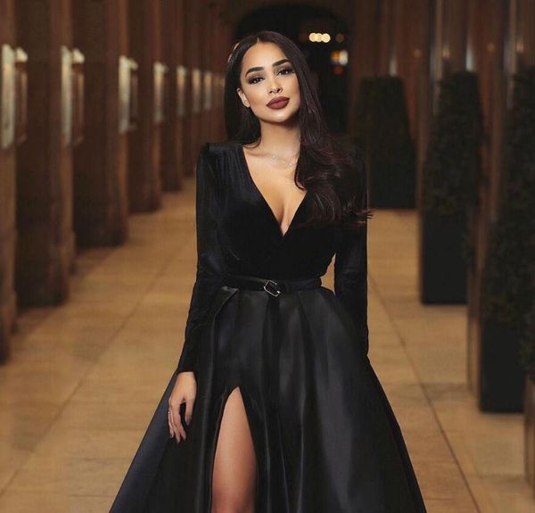 2019 new fashion deep v neck black evening dresses long sleeves high side split special occasion dress formal dress evening gown, Black;red
2019 new fashion deep v neck black evening dresses long sleeves high side split special occasion dress formal dress evening gown, Black;red