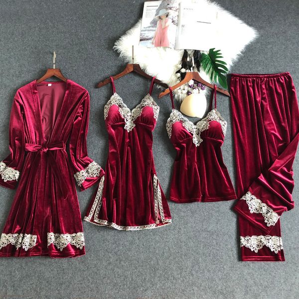 autumn winter new gold velvet 4 pcs women sleepwear set lace keep warm pijama, Black;red
autumn winter new gold velvet 4 pcs women sleepwear set lace keep warm pijama, Black;red