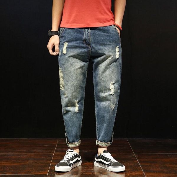 2019 new summer jeans men's harem pants jeans fashion casual washed ripped distressed holes denim trousers ninth pants, Blue
2019 new summer jeans men's harem pants jeans fashion casual washed ripped distressed holes denim trousers ninth pants, Blue