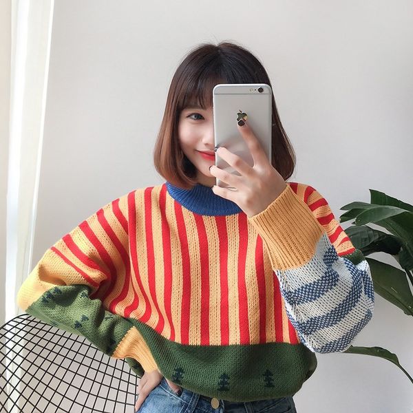 women's sweaters kawaii ulzzang loose wild color stitching knitted sweater female korean harajuku jumper pullover for women, White;black
women's sweaters kawaii ulzzang loose wild color stitching knitted sweater female korean harajuku jumper pullover for women, White;black