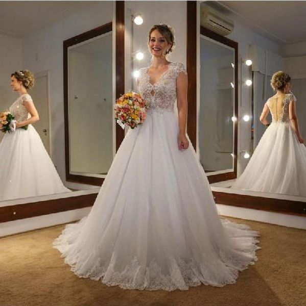 v-neck see though back wedding dresses a-line lace applique short sleeve beach wedding dress bridal gowns plus size empire waist party dress, White
v-neck see though back wedding dresses a-line lace applique short sleeve beach wedding dress bridal gowns plus size empire waist party dress, White
