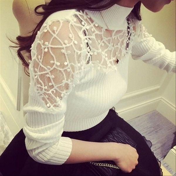 autumn crochet base slim knit long sleeve t- female lace t- shirt lace shirt high collar top, White
autumn crochet base slim knit long sleeve t- female lace t- shirt lace shirt high collar top, White