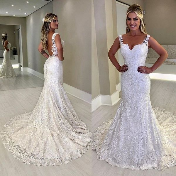 2020 lace mermaid wedding dresses spaghetti appliques bridal gowns backless sweep train plus size wedding dress, White
2020 lace mermaid wedding dresses spaghetti appliques bridal gowns backless sweep train plus size wedding dress, White