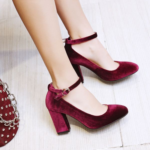 lady's concise elegant ankle strap flock high heels pumps dress office womens block high heel shoes woman plus size, Black 
lady's concise elegant ankle strap flock high heels pumps dress office womens block high heel shoes woman plus size, Black