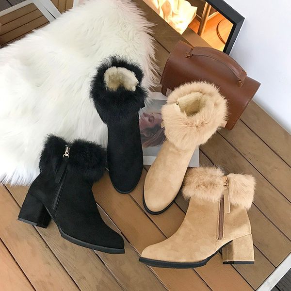 new style furry short boots women's fashion high heels versatile chunky-heel boots, Black
new style furry short boots women's fashion high heels versatile chunky-heel boots, Black