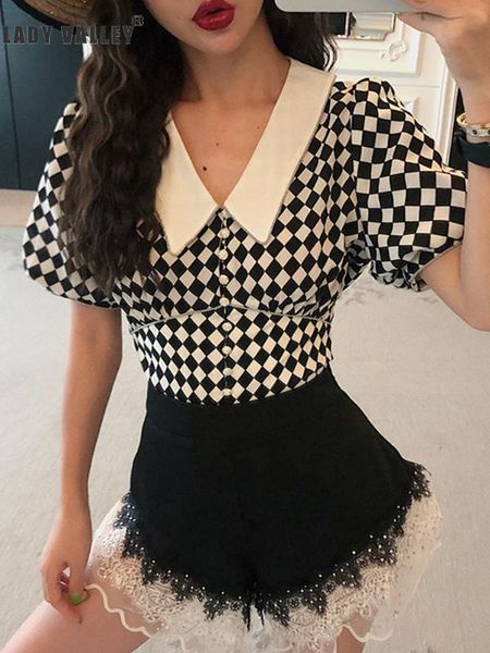 single row diamond buckle beaded edging slim short plaid shirt ladies summer new bubble short sleeve wild retro, Black;brown
single row diamond buckle beaded edging slim short plaid shirt ladies summer new bubble short sleeve wild retro, Black;brown