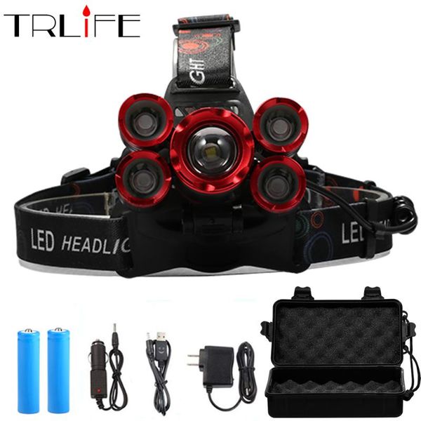 Led Headlamp 5*t6 Headlight 4mode Torch Head Lamp For Fishing Camping Light+2*18650 Battery+ac/dc Charger+box