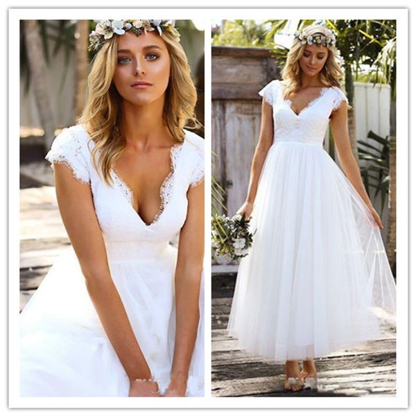 винтаж чай длина короткие свадебные платья кружева тюль модест cap cap v-образным вырезом богемный пляжный сад свадебные платья 2019 vestido, White 
винтаж чай длина короткие свадебные платья кружева тюль модест cap cap v-образным вырезом богемный пляжный сад свадебные платья 2019 vestido, White