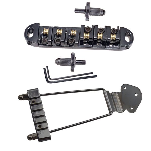 6-strings electric guitar roller saddle bridge tailpiece with small adjustable lock posts, black
6-strings electric guitar roller saddle bridge tailpiece with small adjustable lock posts, black