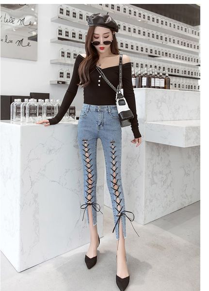 2019 summer women lace up skinny jeans fashion hollow out denim pants solid ankle-length pencil pants, Blue
2019 summer women lace up skinny jeans fashion hollow out denim pants solid ankle-length pencil pants, Blue