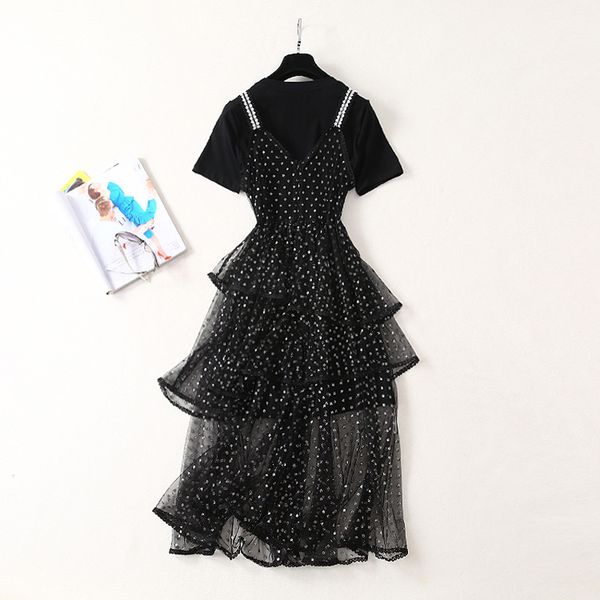 new fashion 2019 designer runway women's long black t-shirt and sling strap dot mid-length dress, Black;gray
new fashion 2019 designer runway women's long black t-shirt and sling strap dot mid-length dress, Black;gray