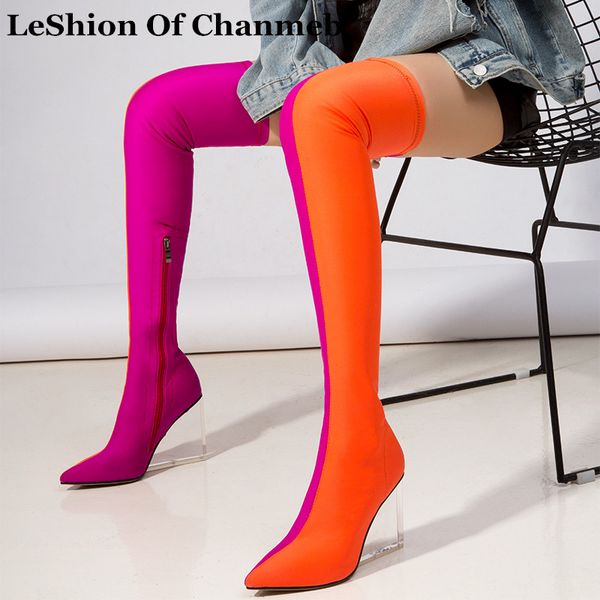 

transparent heels wedges t-stage show runway boots women's clear heeled stretch lycra over-the-knee boots thigh high shoes, Black