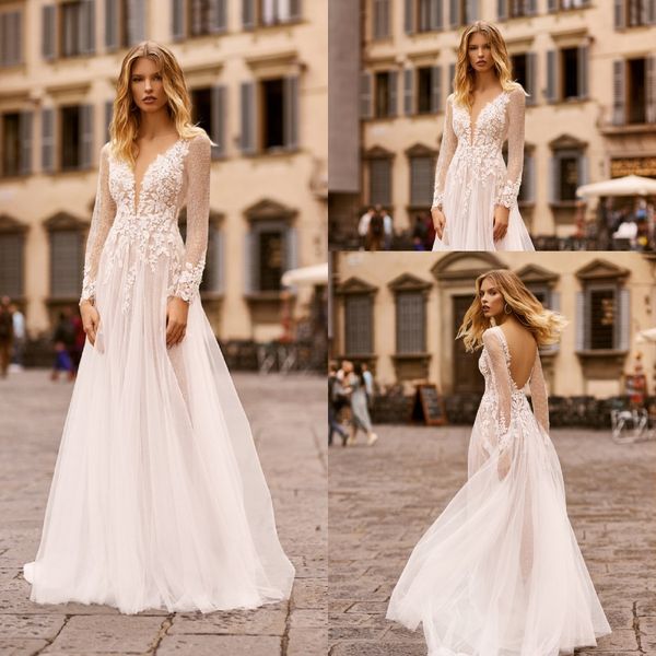 2020 a-line wedding dress v neck long sleeves lace appliqued sweep train bridal dress illusion backless tulle pleats robes de mariée, White
2020 a-line wedding dress v neck long sleeves lace appliqued sweep train bridal dress illusion backless tulle pleats robes de mariée, White