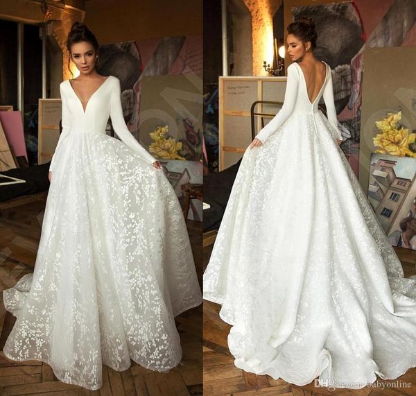 vintage lace satin wedding dresses deep v neck long sleeve backless wedding dress bridal gowns appliques robe de mariee, White
vintage lace satin wedding dresses deep v neck long sleeve backless wedding dress bridal gowns appliques robe de mariee, White