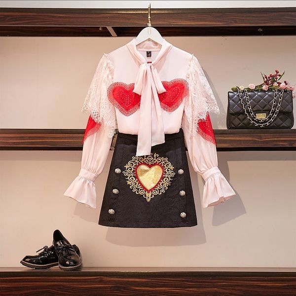 2019 summer women set lantern sleeve bow collar heart lace chiffon shirt + fashion embroidery skirt suit two piece sets, White
2019 summer women set lantern sleeve bow collar heart lace chiffon shirt + fashion embroidery skirt suit two piece sets, White