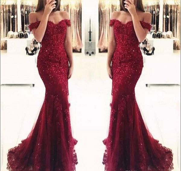 2018 burgundy lace mermaid prom dresses sweetheart appliques off the shoulder beaded sequins applique long prom gowns evening dresses, Black
2018 burgundy lace mermaid prom dresses sweetheart appliques off the shoulder beaded sequins applique long prom gowns evening dresses, Black