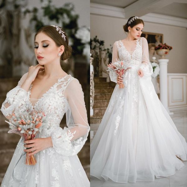 2020 modest elegant a line wedding dresses v neck long puff sleeve lace applique wedding gowns sweep train robe de mariée, White
2020 modest elegant a line wedding dresses v neck long puff sleeve lace applique wedding gowns sweep train robe de mariée, White