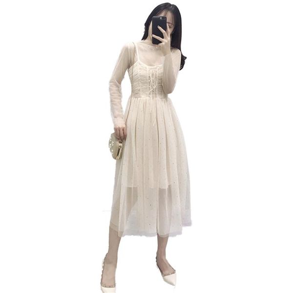 women 2019 spring autumn chic elegant sets female long sleeve mesh +slim thin pleated a-line sling dress 2 pieces sets l116, White
women 2019 spring autumn chic elegant sets female long sleeve mesh +slim thin pleated a-line sling dress 2 pieces sets l116, White