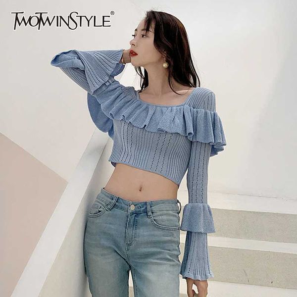twotwinstyle elegant knitting women sweater square collar flare long sleeve tunic patchwork ruffle short sweaters for female new, White;black
twotwinstyle elegant knitting women sweater square collar flare long sleeve tunic patchwork ruffle short sweaters for female new, White;black
