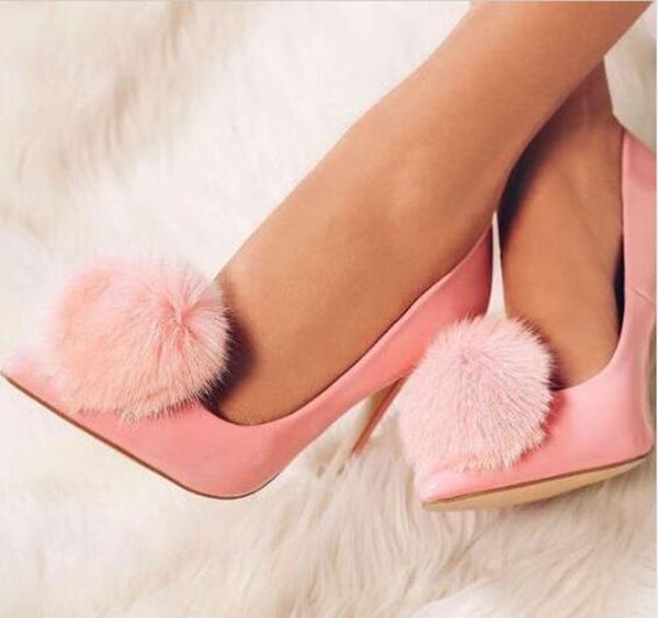 

2019 new patent leather pointed toe woman pumps fur pom pom stiletto high heels pumps slip on party wedding dress shoes, Black
