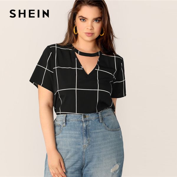 shein plus size black grid keyhole back choker neck plaid blouse 2019 women summer casual v neck cut out button blouse shirt, White
shein plus size black grid keyhole back choker neck plaid blouse 2019 women summer casual v neck cut out button blouse shirt, White