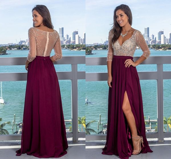 dark purple red beaded crystal prom formal dresses with 3/4 long sleeve silt chiffon skirt beach party evening pageant gown, Black;red 
dark purple red beaded crystal prom formal dresses with 3/4 long sleeve silt chiffon skirt beach party evening pageant gown, Black;red