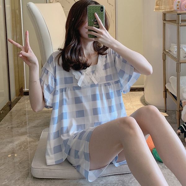 women's sleepwear women blue plaid pajamas set short-sleeved loose lace casual summer home clothing princess style two piece suit, Black;red
women's sleepwear women blue plaid pajamas set short-sleeved loose lace casual summer home clothing princess style two piece suit, Black;red