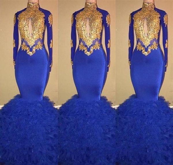 2019 gorgeous royal blue mermaid prom dresses with gold lace appliqued long sleeves ruched tulle pageant party gowns bc0854, Black
2019 gorgeous royal blue mermaid prom dresses with gold lace appliqued long sleeves ruched tulle pageant party gowns bc0854, Black