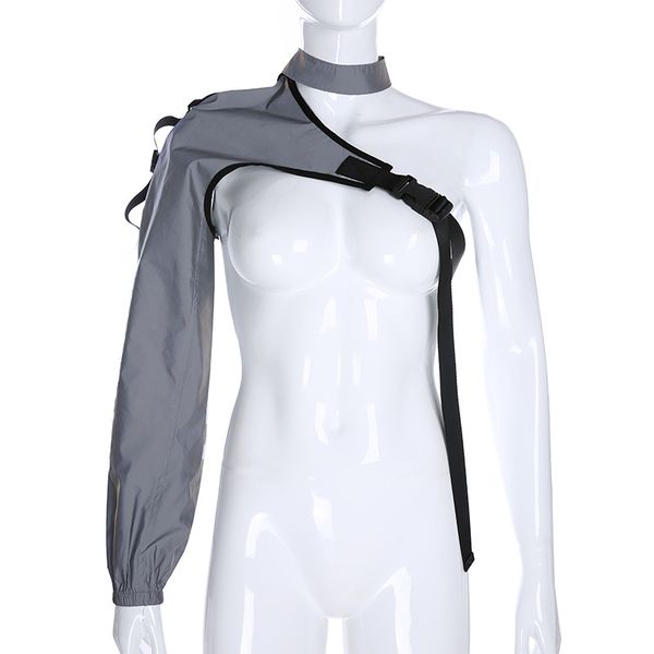 one shoulder reflective jacket ribbon choker halter shirt crop outwear open chest glow in the dark glitter buckle whc6862w06, Black;brown
one shoulder reflective jacket ribbon choker halter shirt crop outwear open chest glow in the dark glitter buckle whc6862w06, Black;brown