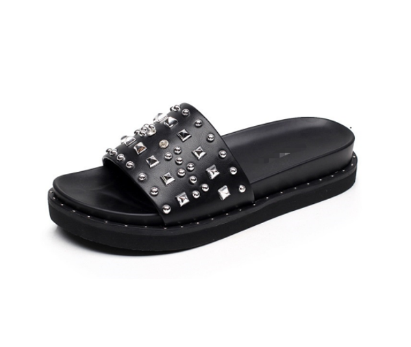 2020 new style summer lady footbed sandal shoes with studs, Black