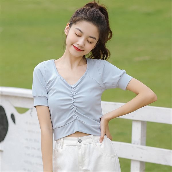simple and versatile basic design pleated button v-neck small short-sleeved t-shirt female simple and versatile basic design pleated button, White
simple and versatile basic design pleated button v-neck small short-sleeved t-shirt female simple and versatile basic design pleated button, White