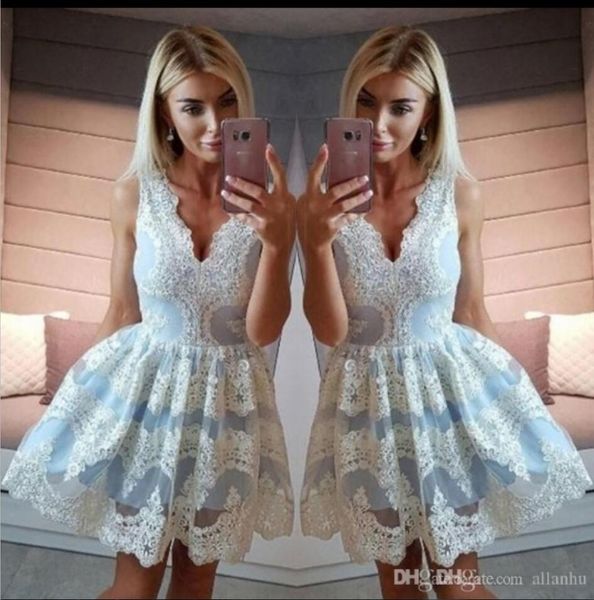 2019 short prom dresses v neck white lace appliqued custom made cocktail dress blue mini evening gowns, Black
2019 short prom dresses v neck white lace appliqued custom made cocktail dress blue mini evening gowns, Black