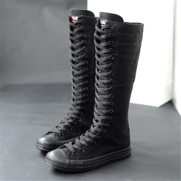 high-long tube women's boots casual canvas side zipper strap sneakers women's shoes winter boots women thigh high, Black