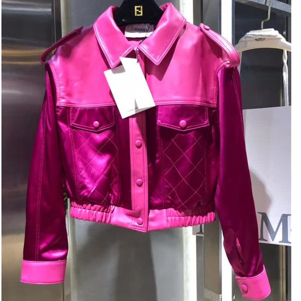 2019 winter new leather jacket sheepskin acetate silk stitching fashion short jacket, Black
2019 winter new leather jacket sheepskin acetate silk stitching fashion short jacket, Black