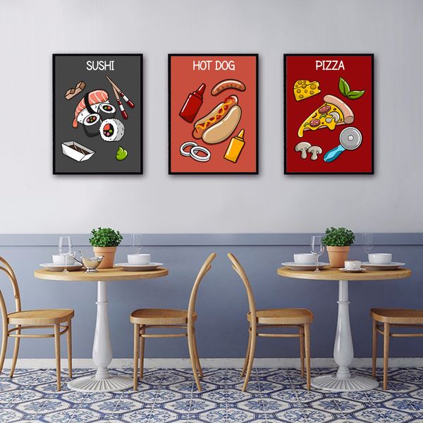 

cartoon burger sushi dog pizza nordic posters and prints wall art canvas painting wall picture kitchen restaurant decor