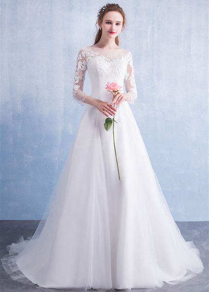 3/4 long sleeves tulle a line wedding dress with lace embroidery 2019 vestidos de novia, White
3/4 long sleeves tulle a line wedding dress with lace embroidery 2019 vestidos de novia, White