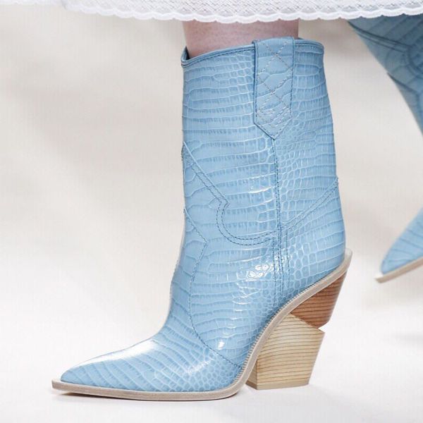 high street fashion shoes women wedge ankle boots blue pink crocodile leather pointed toe knight boots, Black
high street fashion shoes women wedge ankle boots blue pink crocodile leather pointed toe knight boots, Black