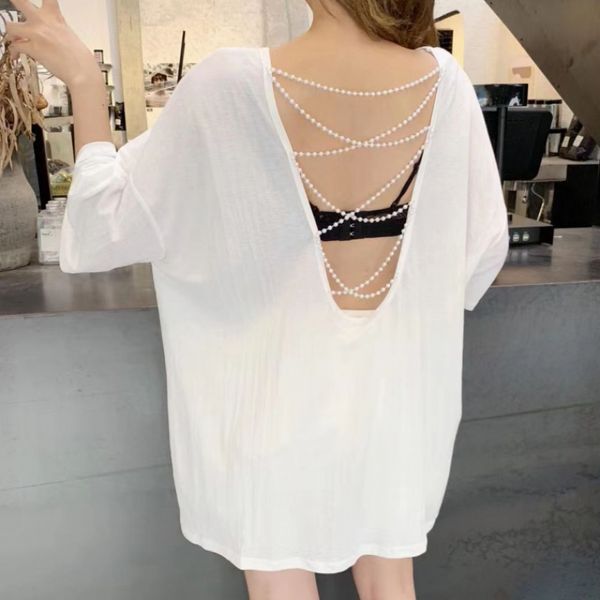 whitney wang tshirt 2020 summer fashion streetwear backless pearls chains lace up t-shirt women t shirt tees plus size, White 
whitney wang tshirt 2020 summer fashion streetwear backless pearls chains lace up t-shirt women t shirt tees plus size, White